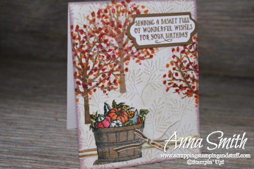 Fall bushel basket birthday card and crate with pumpkins and fall leaves, using the Sheltering Tree and Basket of Wishes stamp sets