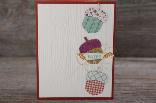 Adorable fall thank you card using Stampin' Up! Acorny Thank you Bundle and Woodgrain embossing folder