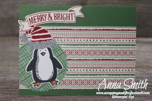 Penquin Christmas card made with Snow Place and Stitched with Cheer stamp sets, This Christmas dsp, Jolly Hat Builder punch