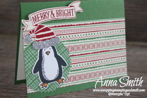 Penquin Christmas card made with Snow Place and Stitched with Cheer stamp sets, This Christmas dsp, Jolly Hat Builder punch