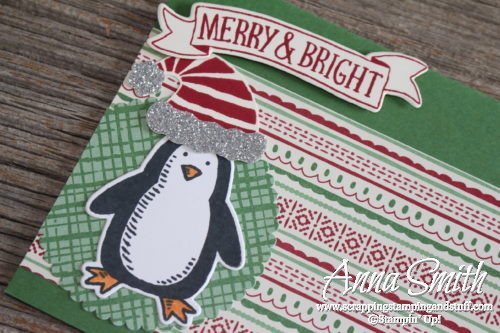 Penquin Christmas card made with Snow Place and Stitched with Cheer stamp sets, This Christmas designer paper and the Jolly Hat Builder punch.