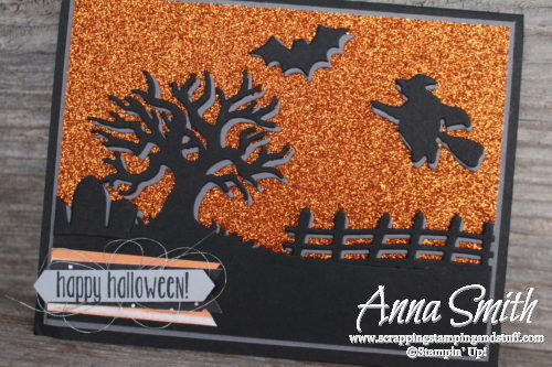 Stampin' Up! Spooky Fun Halloween Card made with Halloween Scenes thinlits - has a scary tree, fence, graveyard, witch and bat!