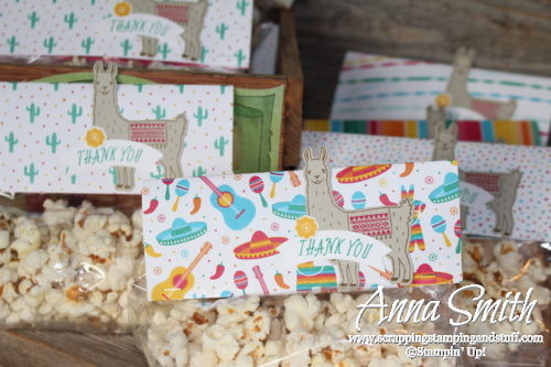 Popcorn party favor treat bags with a llama! Made with Stampin' Up! Birthday Fiesta bundle and Festive Birthday designer paper. 