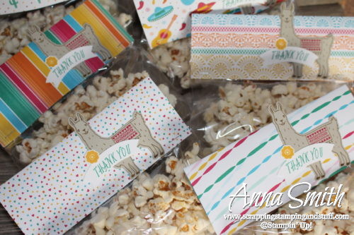 Popcorn party favor treat bags with a llama! Made with Stampin' Up! Birthday Fiesta bundle and Festive Birthday designer paper. 