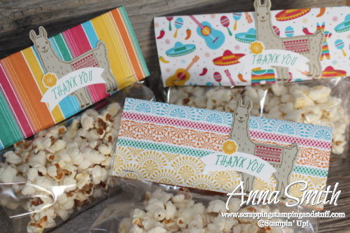 Popcorn party favor treat bags with a llama! Made with Stampin' Up! Birthday Fiesta bundle and Festive Birthday designer paper. 