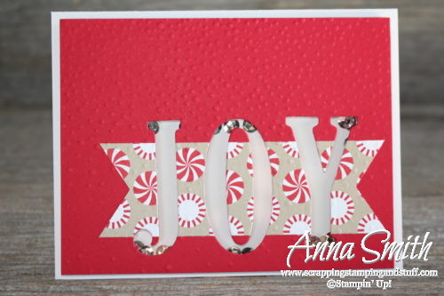 A joyous Christmas shaker card made with Stampin' Up! Large Letters framelits, Candy Cane Lane designer paper and Softly Falling embossing folder