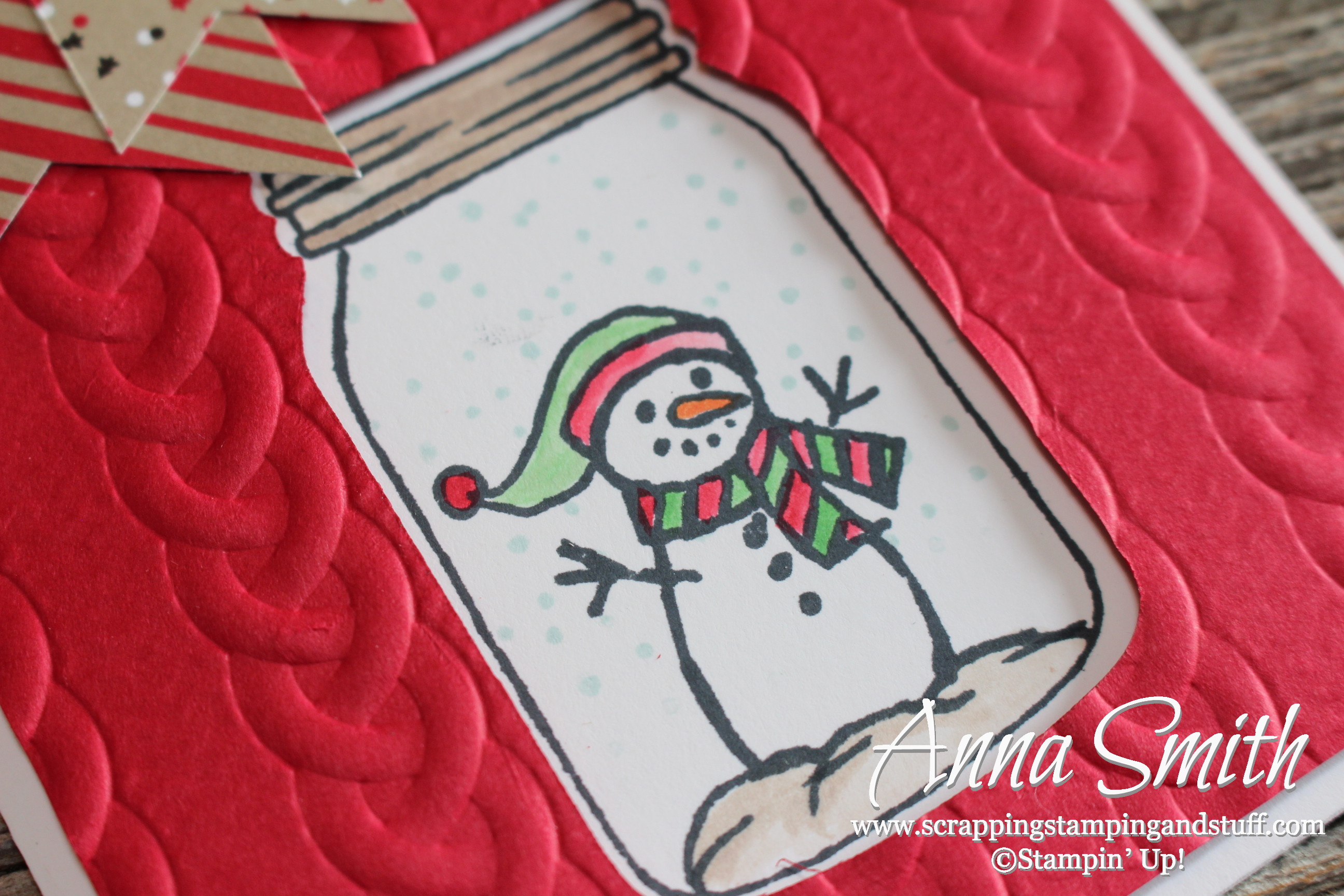 Stampin' Up! Jar of Cheer snowman Christmas card made with the Cable Knit embossing folder