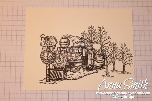 Tuesday Tip stamping technique tutorial - tips and tricks for masking images. Sample card shown using the Christmas magic train stamp set. 