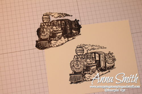 Tuesday Tip stamping technique tutorial - tips and tricks for masking images. Sample card shown using the Christmas magic train stamp set. 