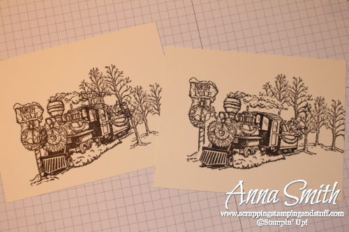 Tuesday Tip stamping technique tutorial - tips and tricks for masking images. Sample card shown using the Christmas magic train stamp set. 