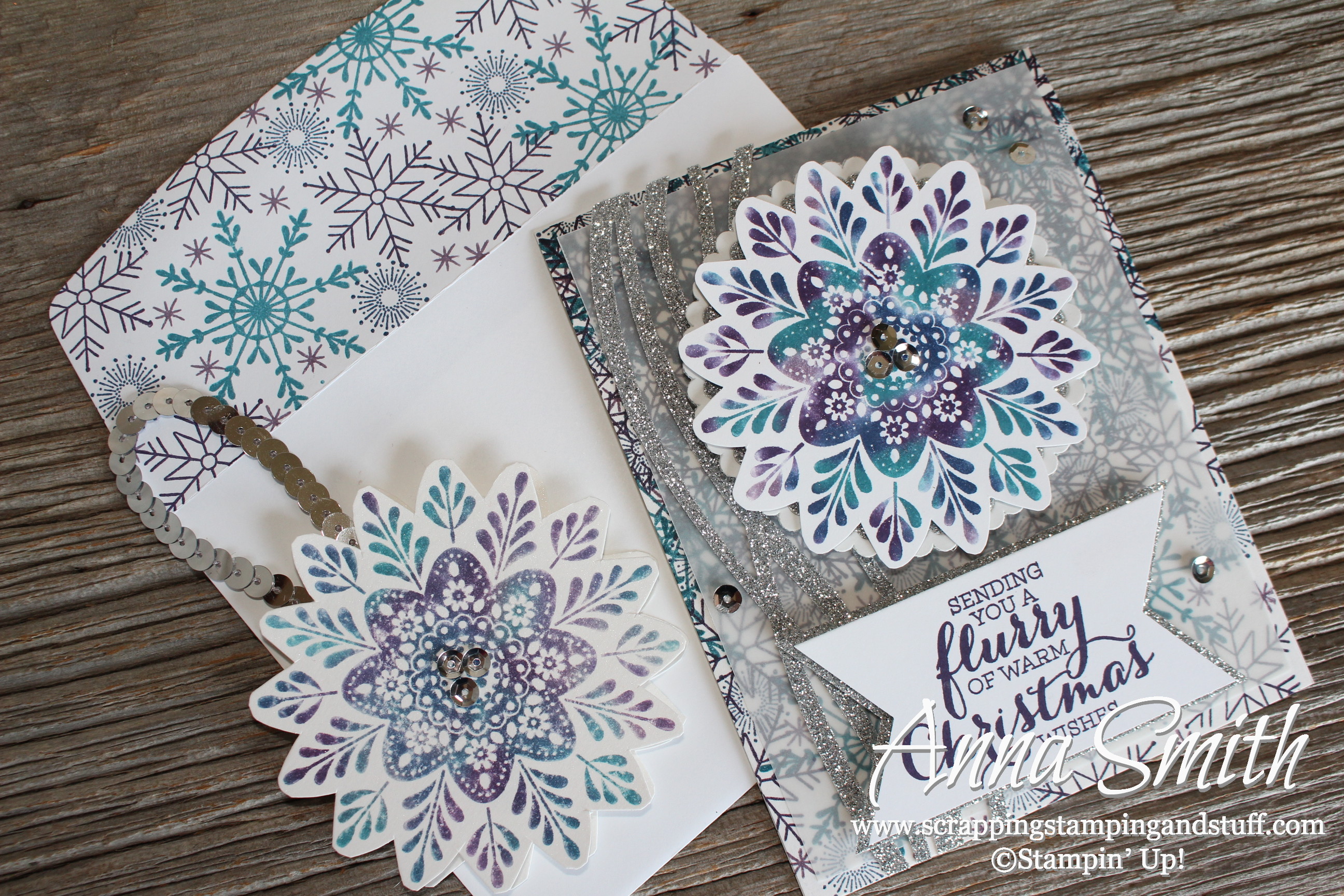 Snowflake Christmas Card and ornament made with Stampin' Up! Frosted Medallions and Flurry of Wishes stamp sets