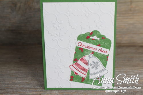 Christmas card with Stampin' Up! Seasons Bells stamp set, Holly embossing folder, bell punch and This Christmas dsp