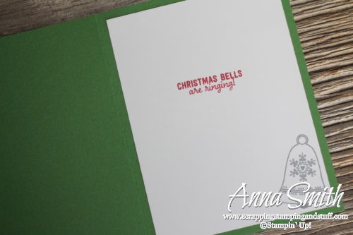 Christmas card with Stampin' Up! Seasons Bells stamp set, Holly embossing folder, bell punch and This Christmas dsp