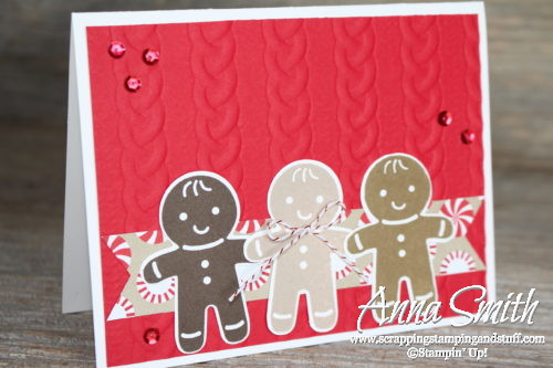 Gingerbread man card made with the Cookie Cutter Christmas Stampin' Up! stamp set, Cable Knit embossing folder, and Candy Cane Lane designer series paper.