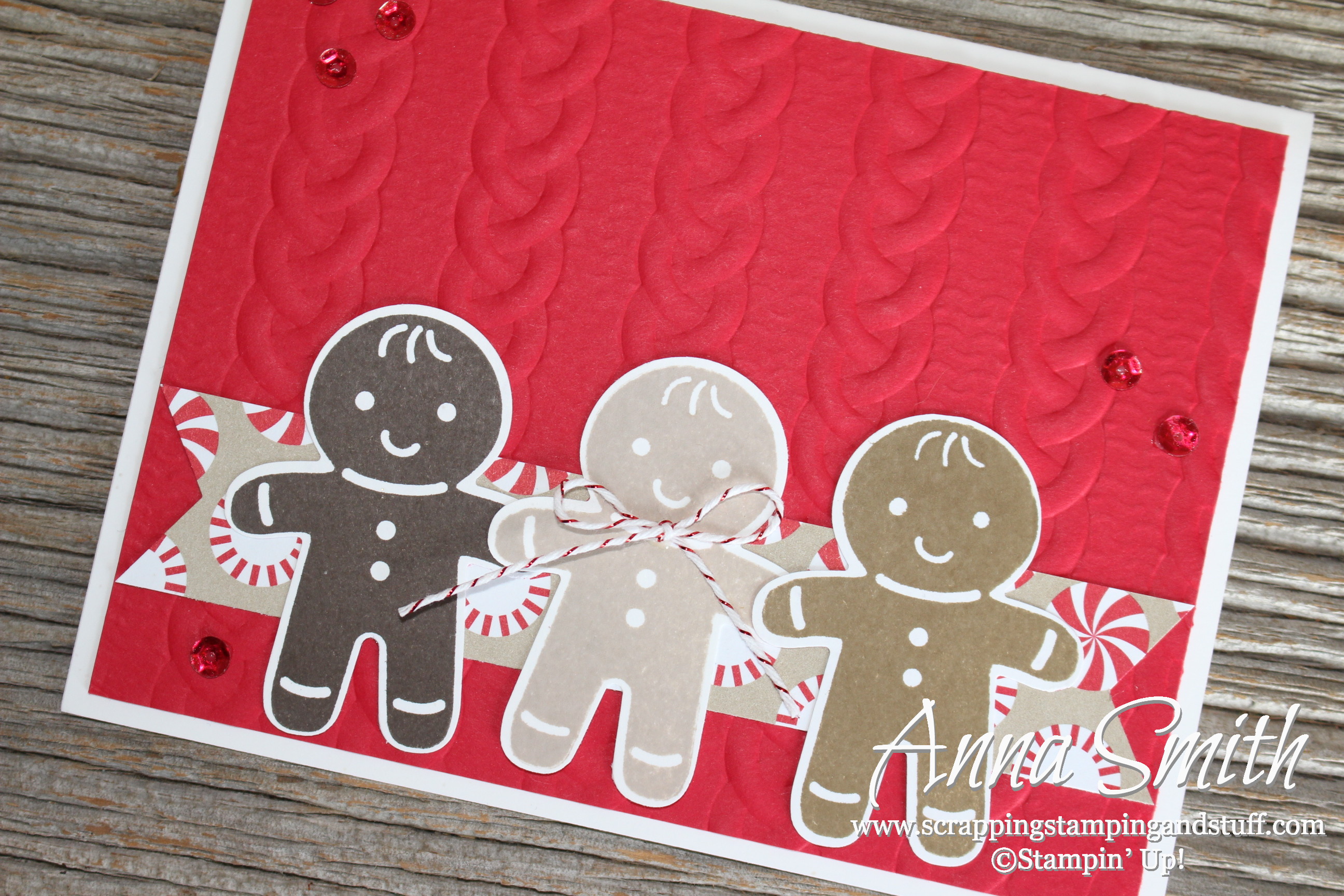 Gingerbread man card made with the Cookie Cutter Christmas Stampin' Up! stamp set, Cable Knit embossing folder, and Candy Cane Lane designer series paper.