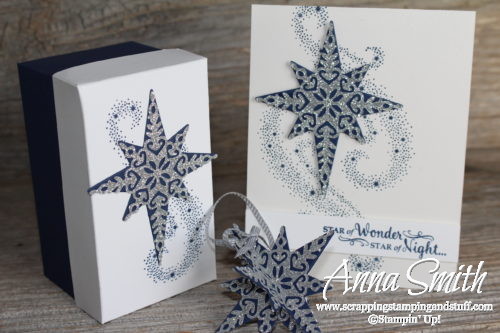 Handmade card, Christmas ornament, and gift box set made with the Stampin' Up! Star of Light stamp set and thinlits. A great DIY gift idea!