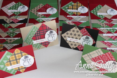 Easy snowman cards made with Stampin' Up! Warmth and Cheer designer paper and Christmas Magic stamp set