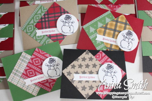 Easy snowman cards made with Stampin' Up! Warmth and Cheer designer paper and Christmas Magic stamp set
