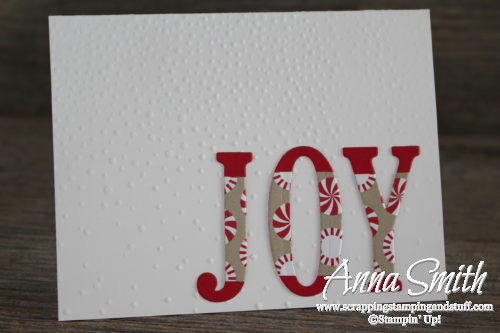 Joy Christmas card made with Stampin' Up! Wonderful Year stamp set, Large Letters Framelits, and Candy Cane Lane designer paper