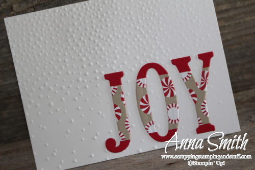 Joy Christmas card made with Stampin' Up! Wonderful Year stamp set, Large Letters Framelits, and Candy Cane Lane designer paper