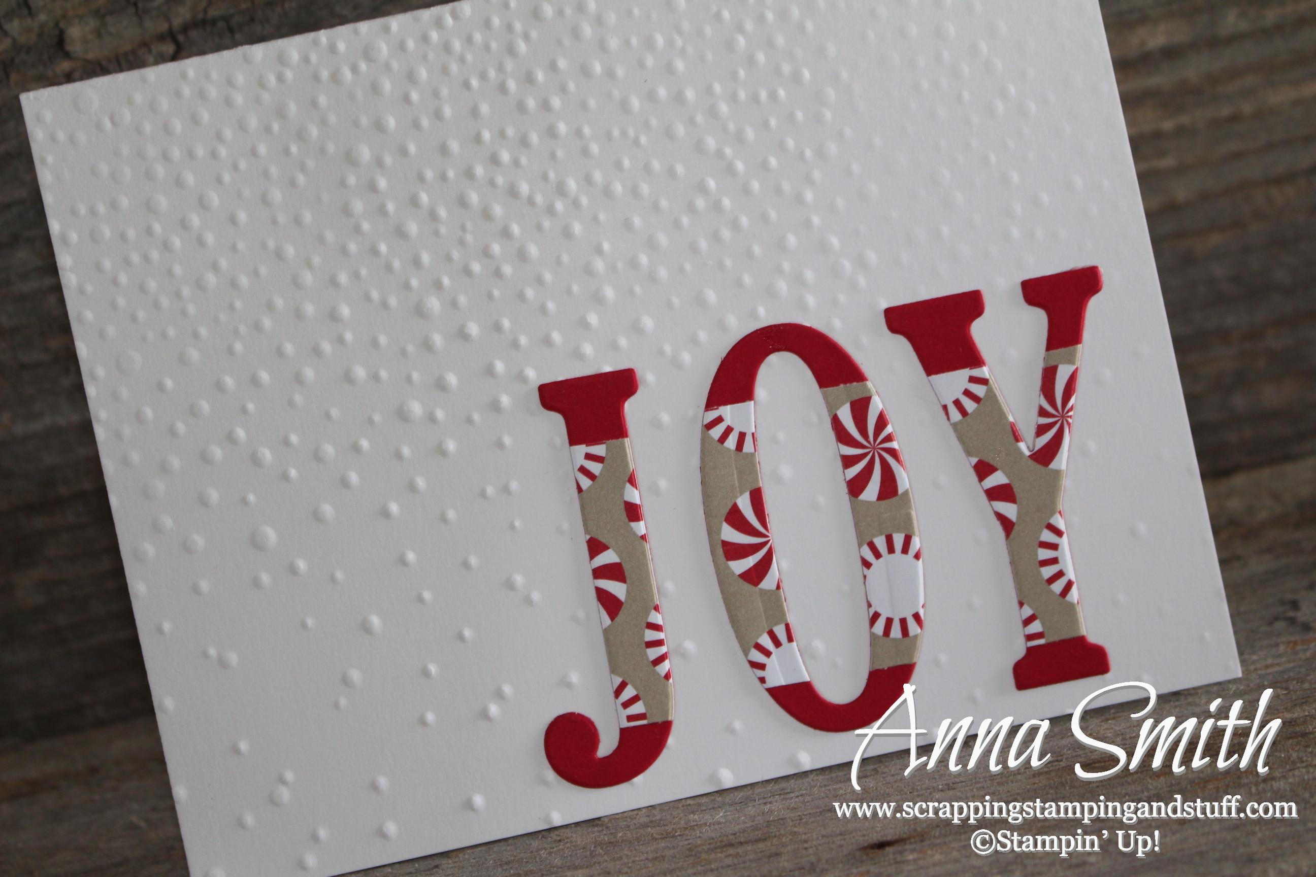 Joy Christmas card made with Stampin' Up! Wonderful Year stamp set, Large Letters Framelits, and Candy Cane Lane designer paper