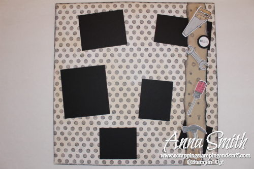Cute tool scrapbooking page made with Stampin' Up! Nailed It stamp set, Build It framelits and Urban Underground designer paper, great for men or little boys