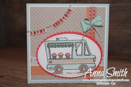 Cute cupcake, ice cream truck birthday card. Earn the Tasty Trucks and Any Occasion stamp sets for free right now during Sale-a-bration!