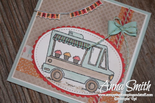 Cute cupcake, ice cream truck birthday card. Earn the Tasty Trucks and Any Occasion stamp sets for free right now during Sale-a-bration!