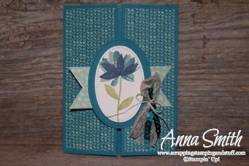 Beautiful blue gate fold card made with Stampin' Up! Avant Garden stamp set that can be earned free right now during Sale-a-bration!