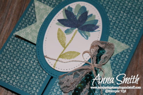 Beautiful blue gate fold card made with Stampin' Up! Avant Garden stamp set that can be earned free right now during Sale-a-bration!