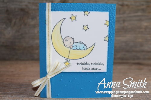 Twinkle twinkle little star baby card made with the Stampin' Up! Moon Baby stamp set, Softly Falling embossing folder and watercolor pencils