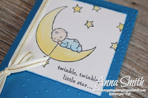 Twinkle twinkle little star baby card made with the Stampin' Up! Moon Baby stamp set, Softly Falling embossing folder and watercolor pencils