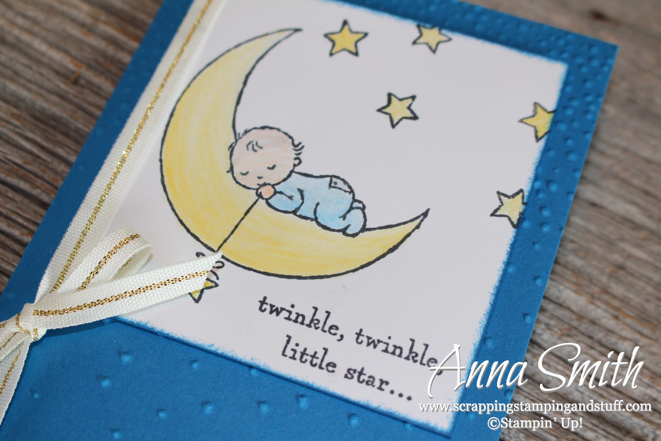 Twinkle twinkle little star baby card made with the Stampin' Up! Moon Baby stamp set, Softly Falling embossing folder and watercolor pencils