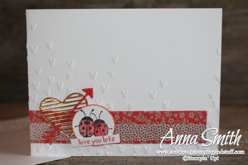 Sweet ladybug Valentine's Day card made with Stampin' Up! Love You Lots stamp set, Love Notes Framelits dies, and Falling Petals embossing folder