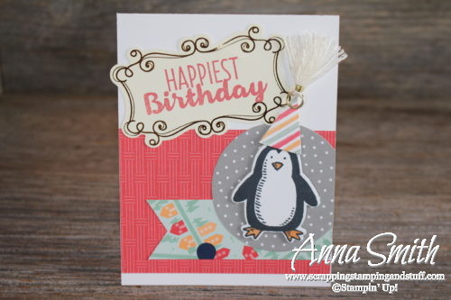 Penguin birthday card made with Stampin' Up! Snow Place stamp set and Carried Away designer paper
