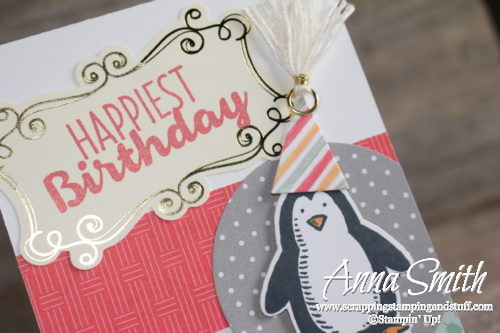Penguin birthday card made with Stampin' Up! Snow Place stamp set and Carried Away designer paper