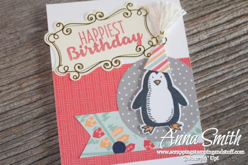 Penguin birthday card made with Stampin' Up! Snow Place stamp set and Carried Away designer paper