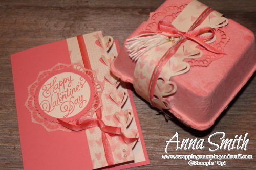 Valentine's Day card and egg carton treat box made with Stampin' Up! Sealed with Love stamp set and Love Notes framelits