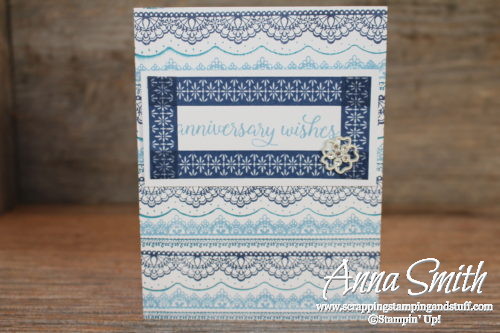 Blue lace anniversary card hand stamped using Stampin' Up! Delicate Details and Falling For You stamp sets