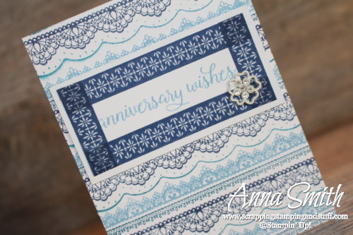 Blue lace anniversary card hand stamped using Stampin' Up! Delicate Details and Falling For You stamp sets