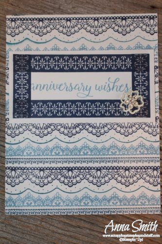 Blue lace anniversary card hand stamped using Stampin' Up! Delicate Details and Falling For You stamp sets