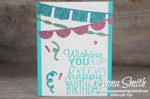 Fun glitter banner Stampin' Up! birthday card idea using Fiesta Time framelits, Big on Birthdays stamp set, and the confetti punch! Occasions 2017 Catalog