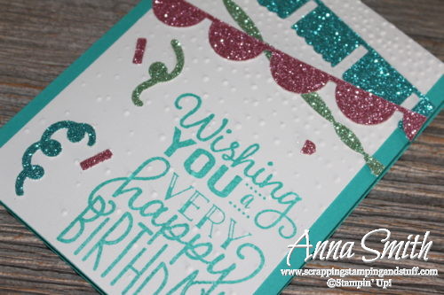 Fun glitter banner Stampin' Up! birthday card idea using Fiesta Time framelits, Big on Birthdays stamp set, and the confetti punch! Occasions 2017 Catalog
