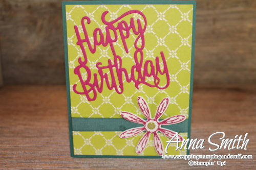Bright birthday card idea using the Stampin' Up! Happy Birthday thinilts, Daisy Delight stamp set and the cute daisy punch!