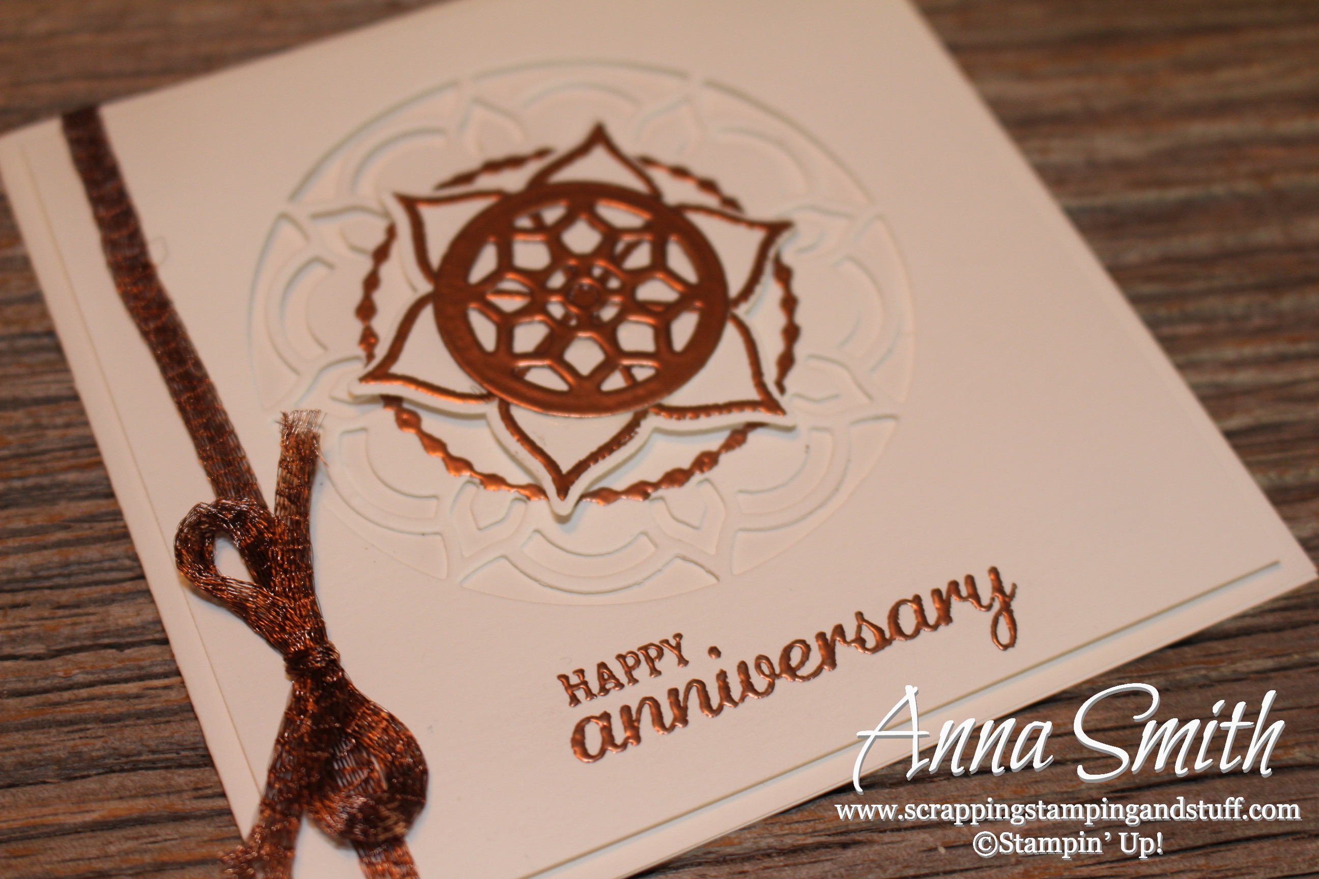 Elegant Stampin' Up! Eastern Beauty white on white anniversary card idea with bronze embossing