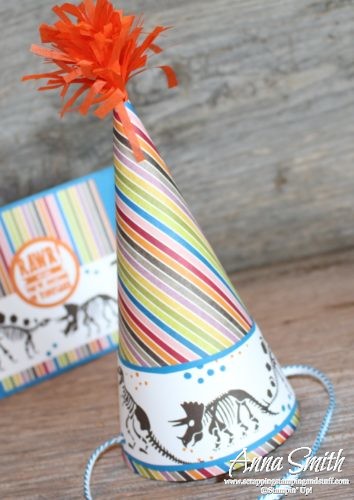 Boy birthday dinosaur card and party hat using the Stampin' Up! No Bones About It Stamp Set and Birthday Memories designer paper.