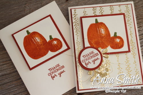 Two pumpkin card ideas made with the Stampin' Up! Gourd Goodness stamp set. One clean and simple card and one that is stepped up.