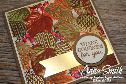 Elegant fall leaves and pinecones card with gold accents, made with Stampin' Up! Gourd Goodness and Christmas Pines stamp sets.