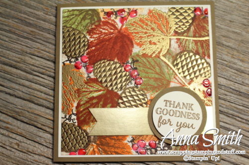 Elegant fall leaves and pinecones card with gold accents, made with Stampin' Up! Gourd Goodness and Christmas Pines stamp sets.