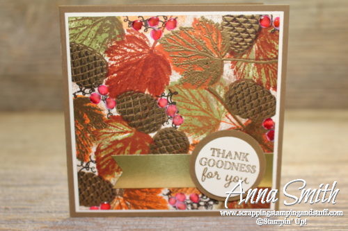 Elegant fall leaves and pinecones card with gold accents, made with Stampin' Up! Gourd Goodness and Christmas Pines stamp sets.